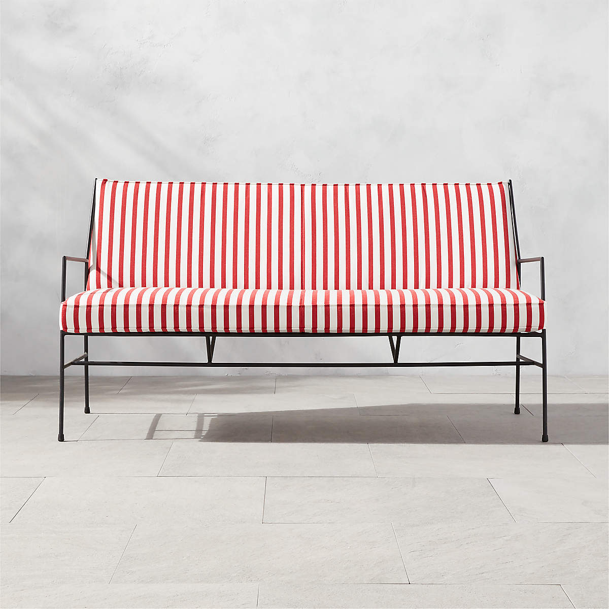 Pavilion Black Metal Outdoor Patio Sofa with Striped Sunbrella Cushions