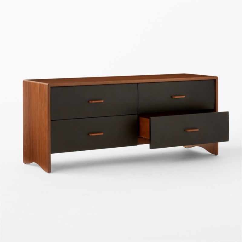 Ralston Modern Low 4-Drawer Wood Dresser with Black Leather Drawers | CB2