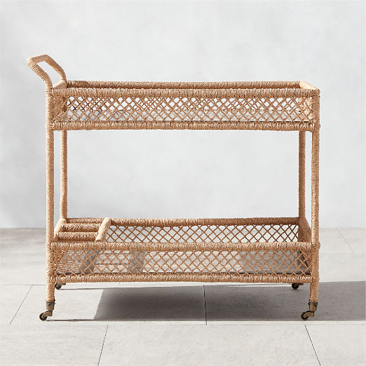 Remo Travertine and Rattan Outdoor Bar Cart