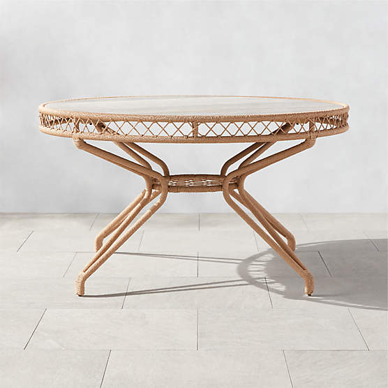 Remo 54" Travertine and Rattan Outdoor Bistro Table by Ross Cassidy