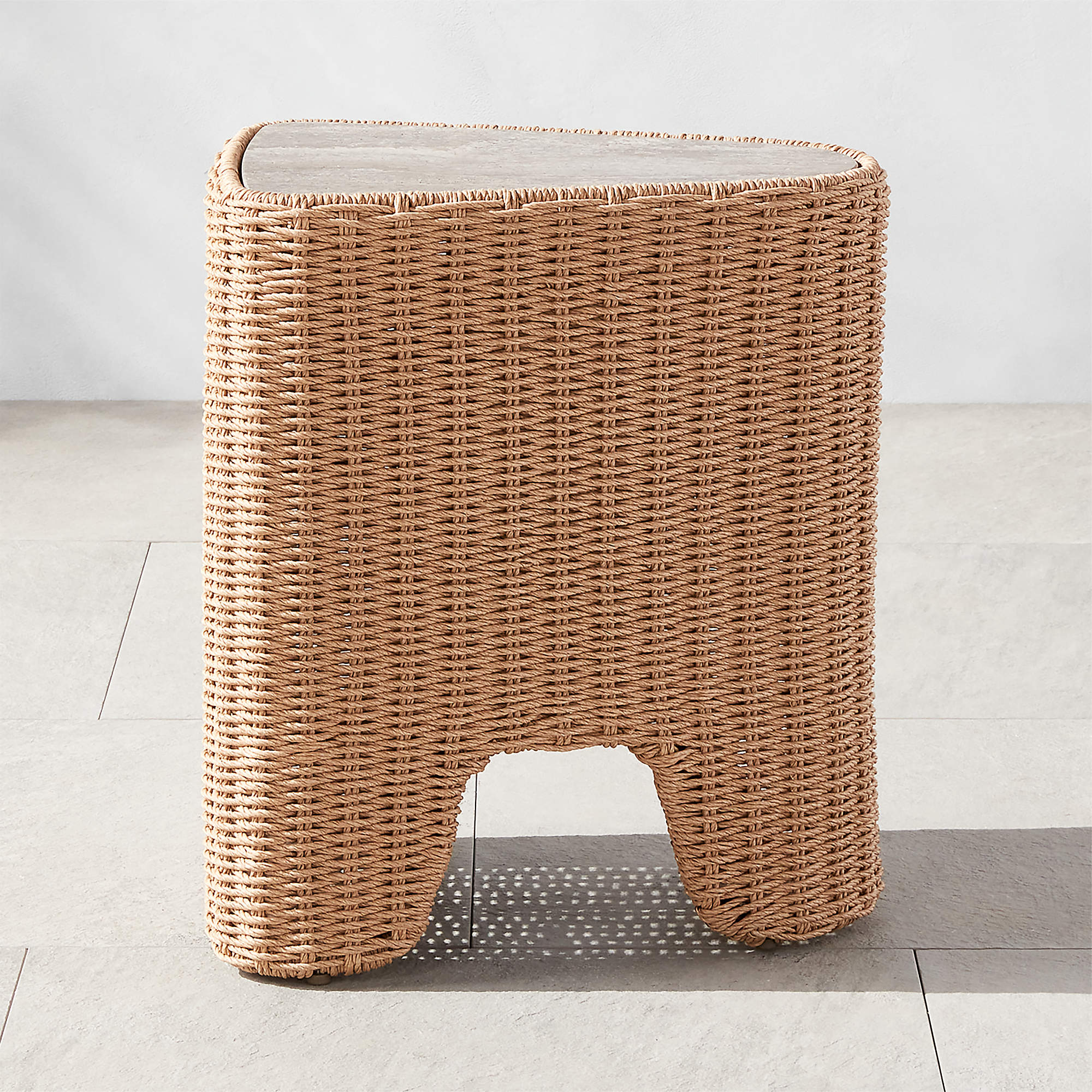 Remo Modern Travertine and Rattan Outdoor Side Table | CB2