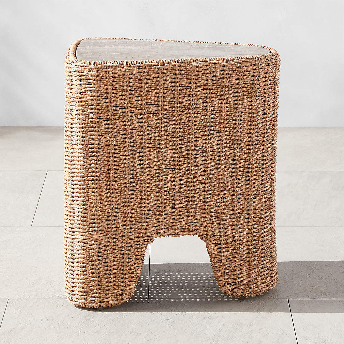 Remo Modern Travertine and Rattan Outdoor Side Table CB2