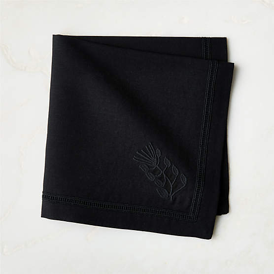 Rene Black Organic Cotton and Linen Embroidered Napkin
