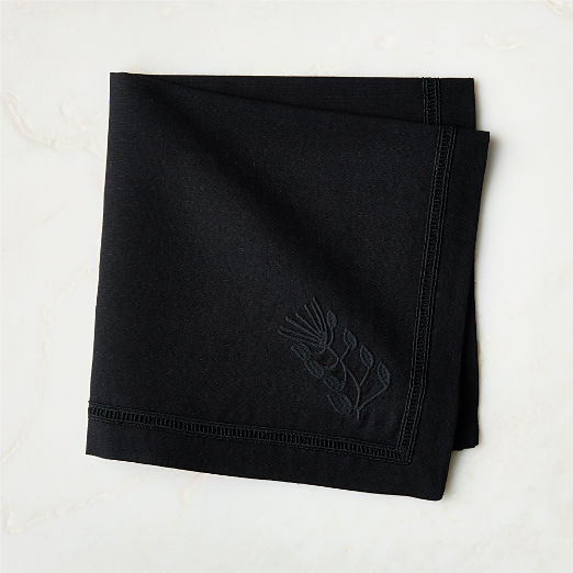 Rene Black Organic Cotton and Linen Embroidered Napkin