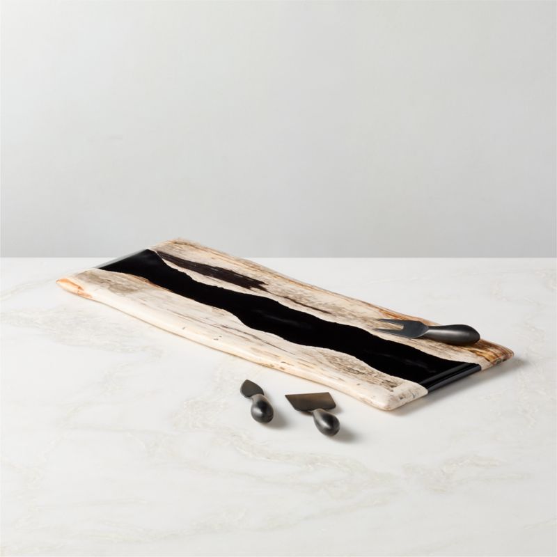 Ring Rectangular Petrified Wood and Resin Serving Platter with Helms Cheese Knives Set - image 0 of 3