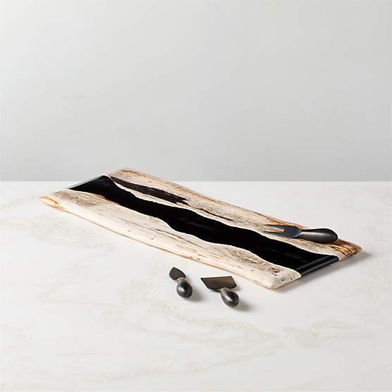 Ring Rectangular Petrified Wood and Resin Serving Platter with Helms Cheese Knives Set