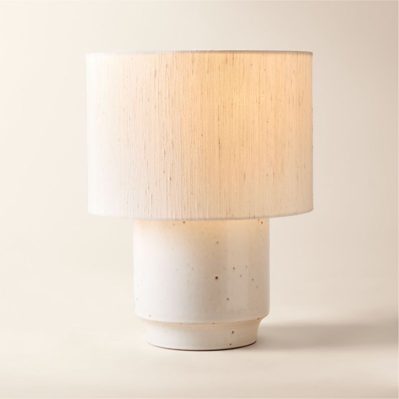 View Rosalind Small White Ceramic Reactive Glaze Table Lamp with Silk Shade details