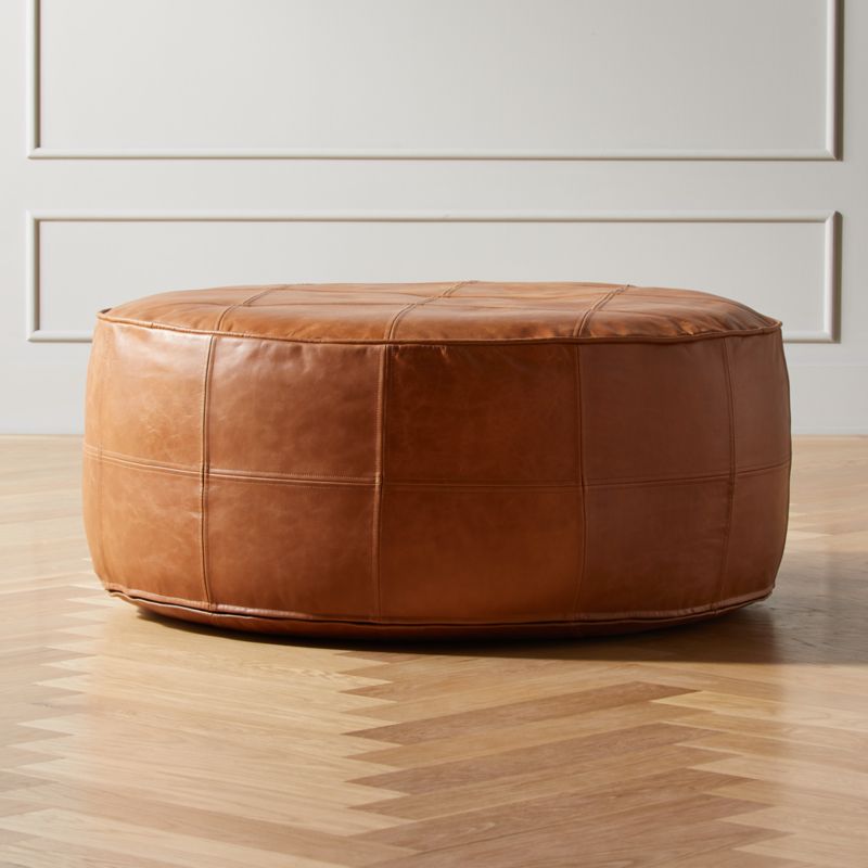 Round Saddle Leather Pouf Ottoman, Round Leather Ottoman Chair