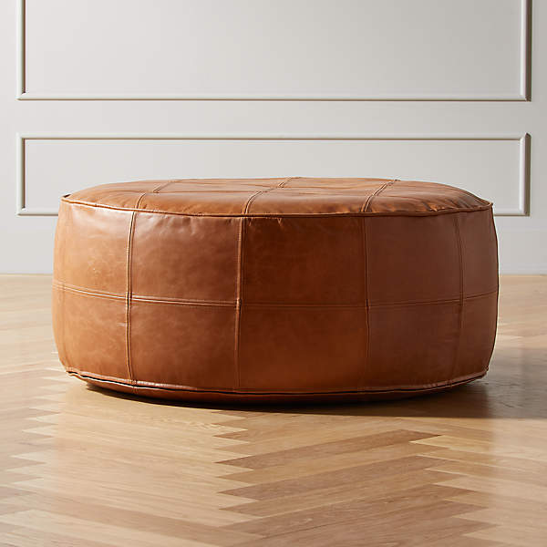 Round Saddle Leather Ottoman Pouf, Round Ottoman Pouf Large Size