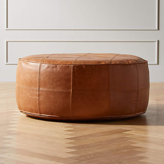 Round Saddle Leather Pouf Ottoman, Round Leather Coffee Table Ottoman