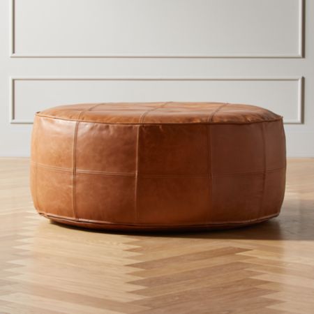 Round Saddle Leather Pouf Ottoman Reviews Cb2