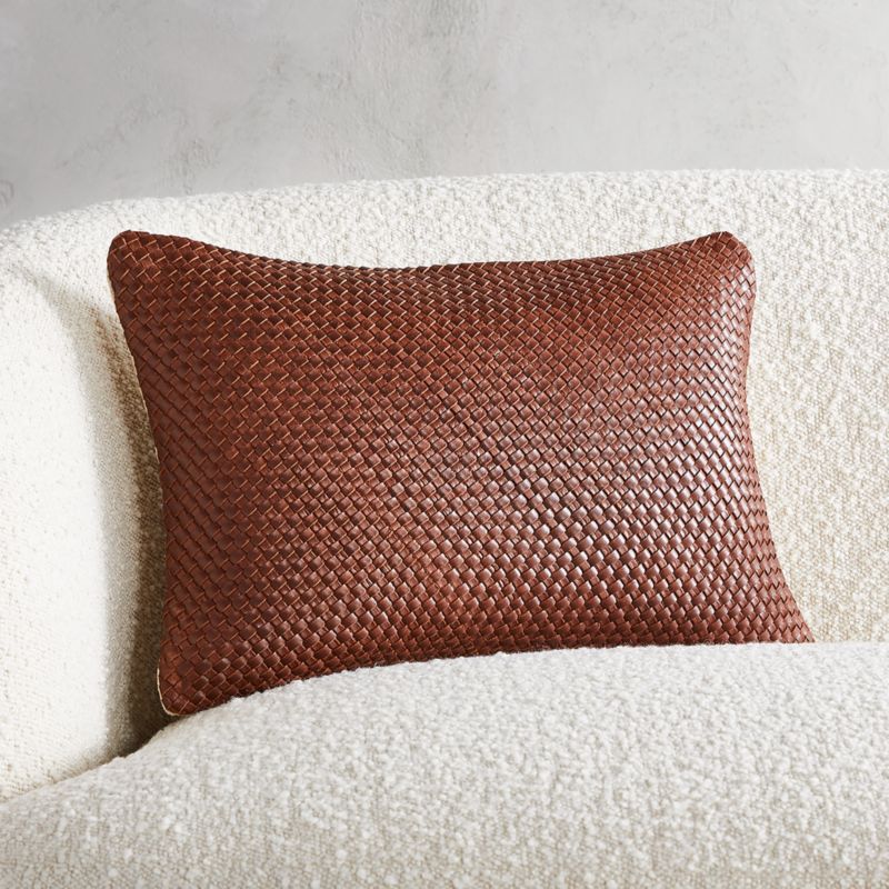 View Route Woven Brown Leather Throw Pillow with Down-Alternative Insert 18"x12" details