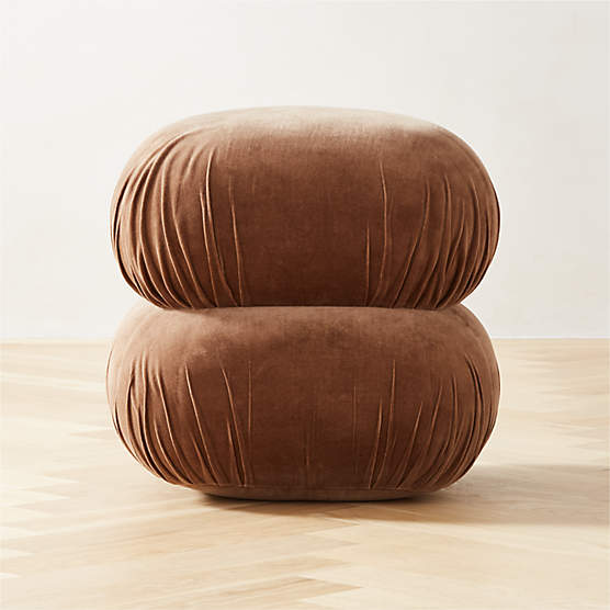 Ruched Dark Beige Velvet Pouf