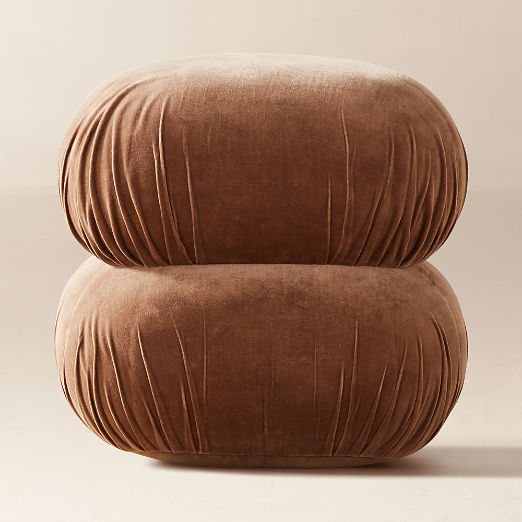 Ruched Dark Beige Velvet Pouf