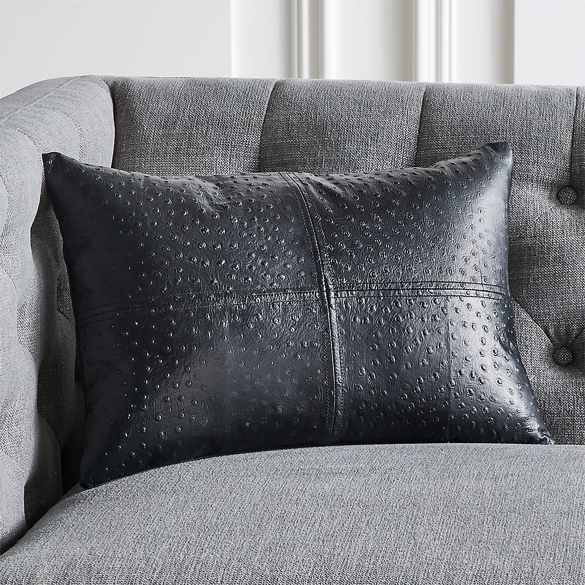 Rue Black Leather Modern Throw Pillow with FeatherDown Insert 18"x12