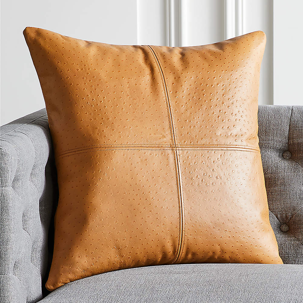 23 Rue Leather Tan Pillow With Feather, Brown Leather Pillow