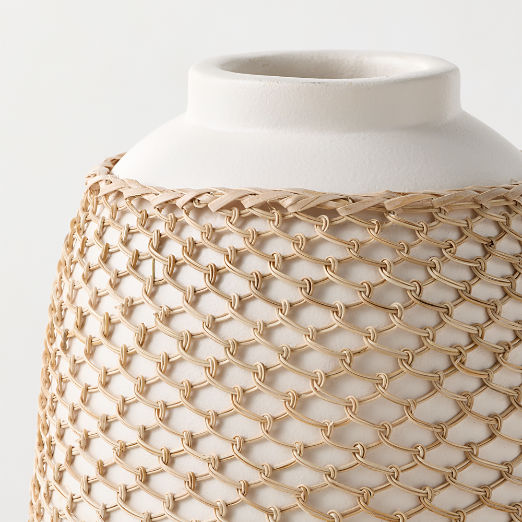 Rumi White Terracotta and Rattan Vase 14"