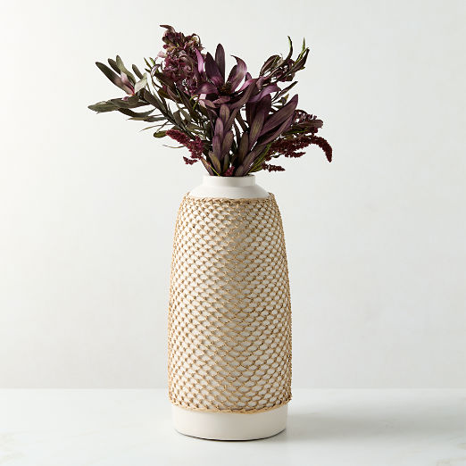 Rumi White Terracotta and Rattan Vase 14"