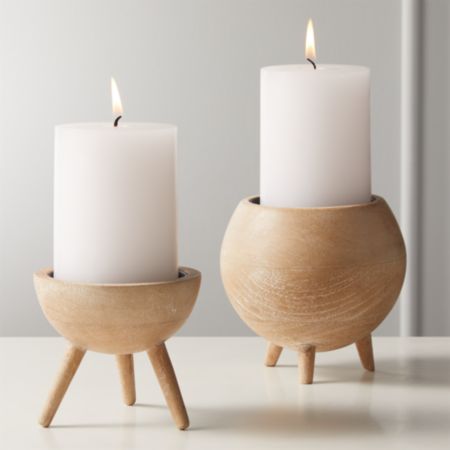 Russell White Wash Wood Pillar Candle Holders Cb2