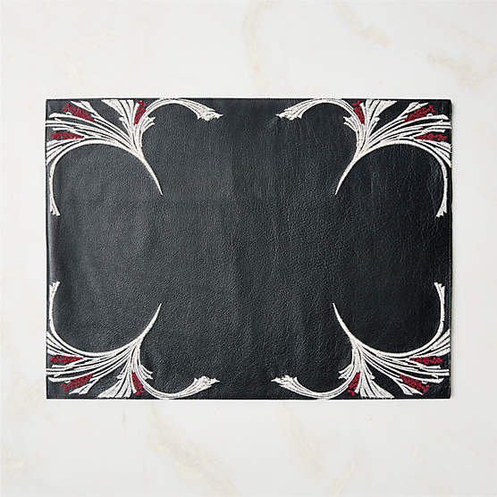Saphra Black and Red Leather Embroidered Rectangle Placemat