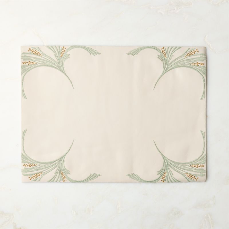 View Saphra Warm White and Sage Green Leather Embroidered Rectangle Placemat details