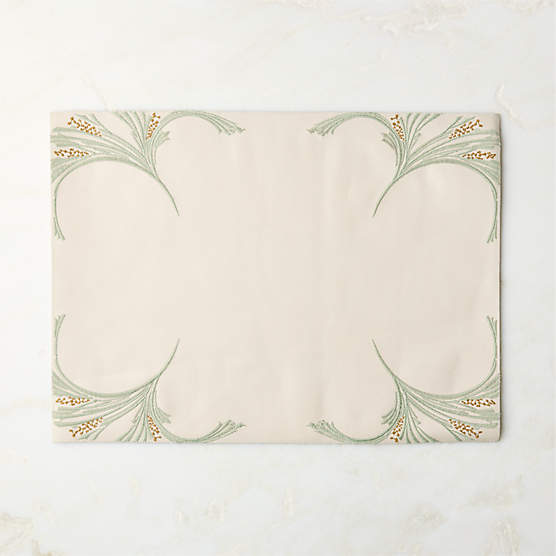Saphra Warm White and Sage Green Leather Embroidered Rectangle Placemat