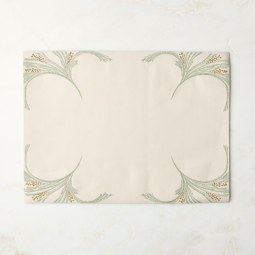 Saphra Warm White and Sage Green Leather Embroidered Rectangle Placemat