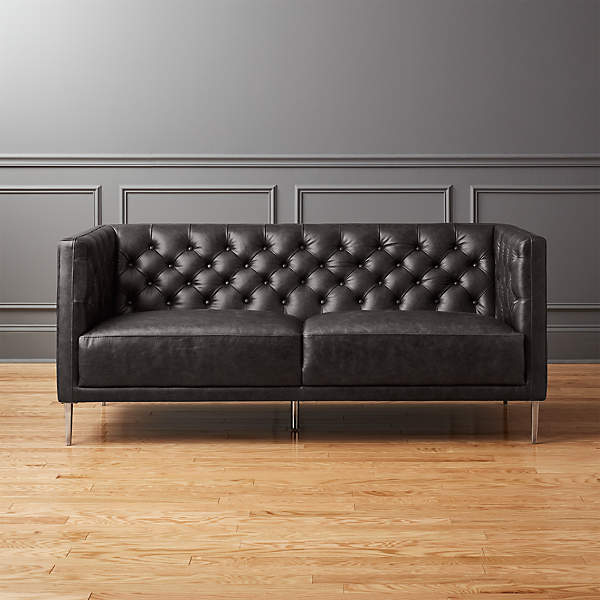 Savile Leather Tufted Apartment Sofa, Black Leather Tufted Couch