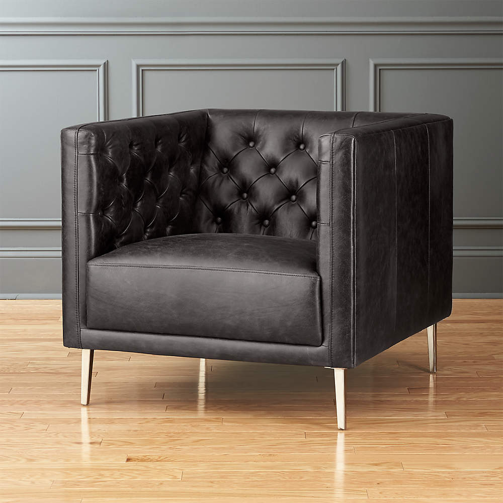 Savile Black Leather Tufted Chair, Black Leather Living Room Chair