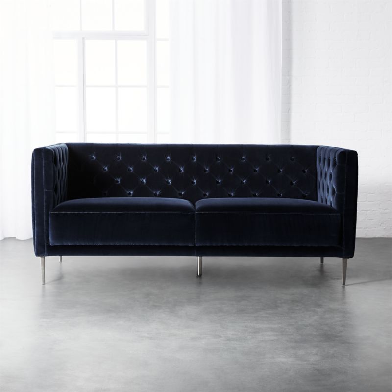Velvet Sofas Cb2 Savile Midnight Blue Velvet Apartment Sofa