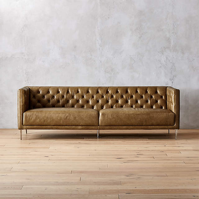 Savile Leather Tufted Modern Sofa, White Leather Tufted Sofa Brown