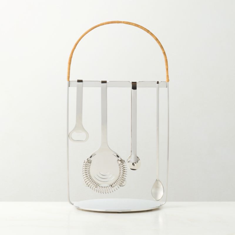 View Savoy Polished Stainless Steel and Rattan Bar Tool Set with Stand details