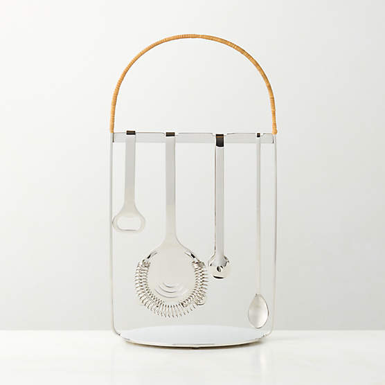 Savoy Polished Stainless Steel and Rattan Bar Tool Set with Stand