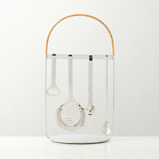 Savoy Polished Stainless Steel and Rattan Bar Tool Set with Stand