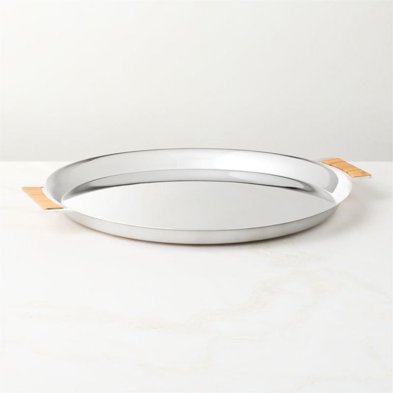 Savoy Polished Stainless Steel and Rattan Oval Cocktail Tray