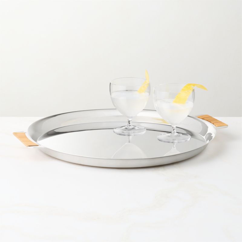 View Savoy Polished Stainless Steel and Rattan Round Cocktail Tray details