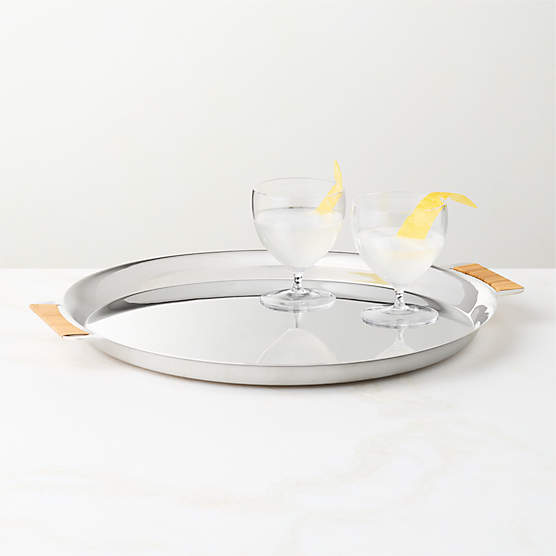 Savoy Polished Stainless Steel and Rattan Round Cocktail Tray