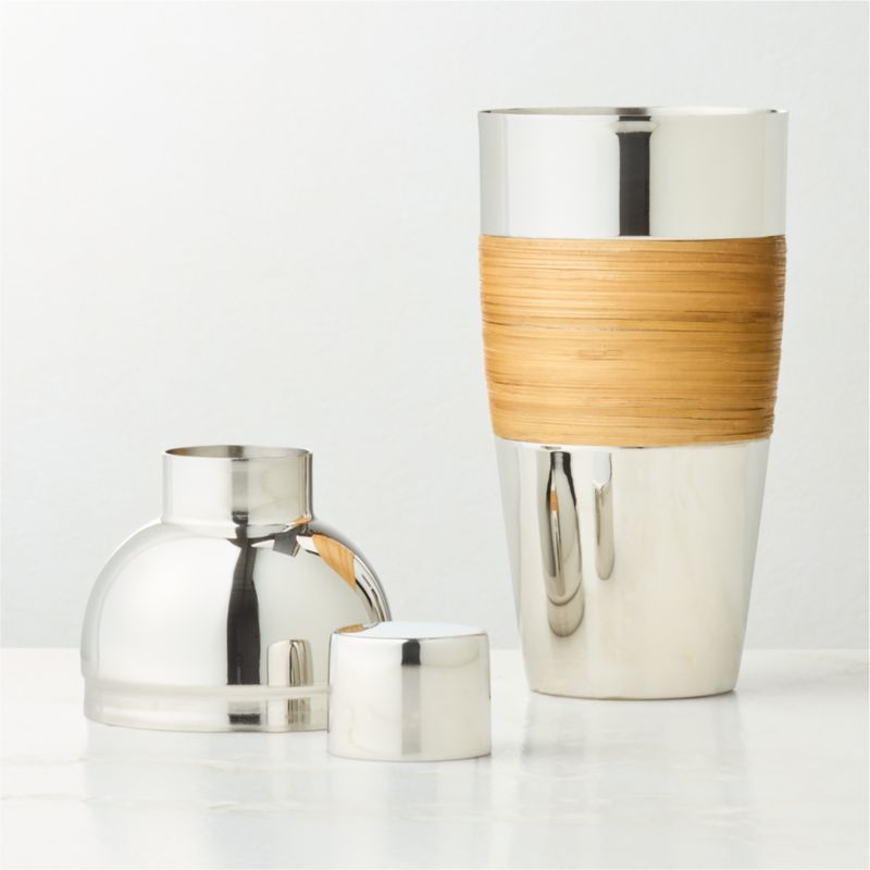 Savoy Polished Stainless Steel and Rattan Cocktail Shaker