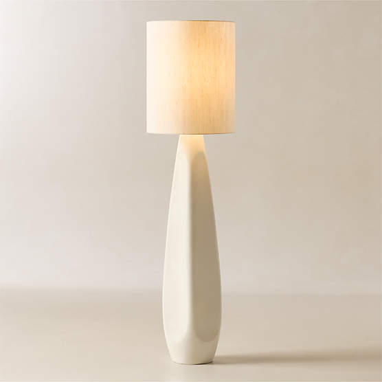 Saxon White High-Gloss Resin Floor Lamp with Silk Shade