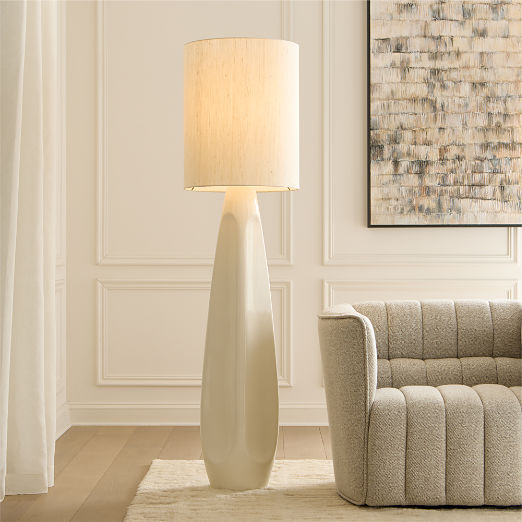 Saxon White High-Gloss Resin Floor Lamp with Silk Shade