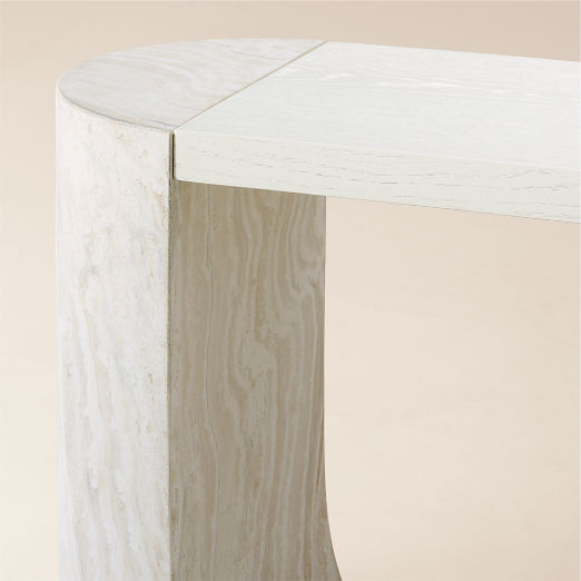 Scoop 55" Travertine and Oak Wood Console Table
