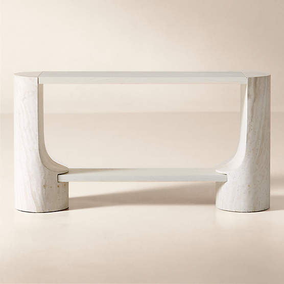 Scoop 55" Travertine and Oak Wood Console Table