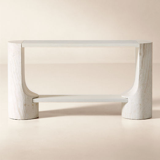 Scoop 55" Travertine and Oak Wood Console Table