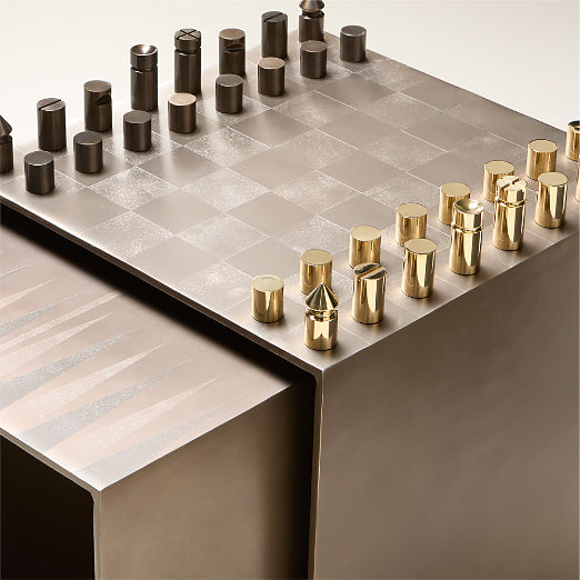 Score 2-Piece Cast Aluminum Game Side Tables With Brass Chess Set