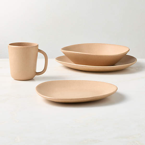 Selene 4-Piece Tan Stoneware Dinnerware Set with Pasta Bowl