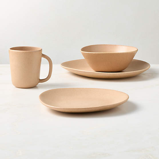 Selene 4-Piece Tan Stoneware Dinnerware Set with Soup Bowl