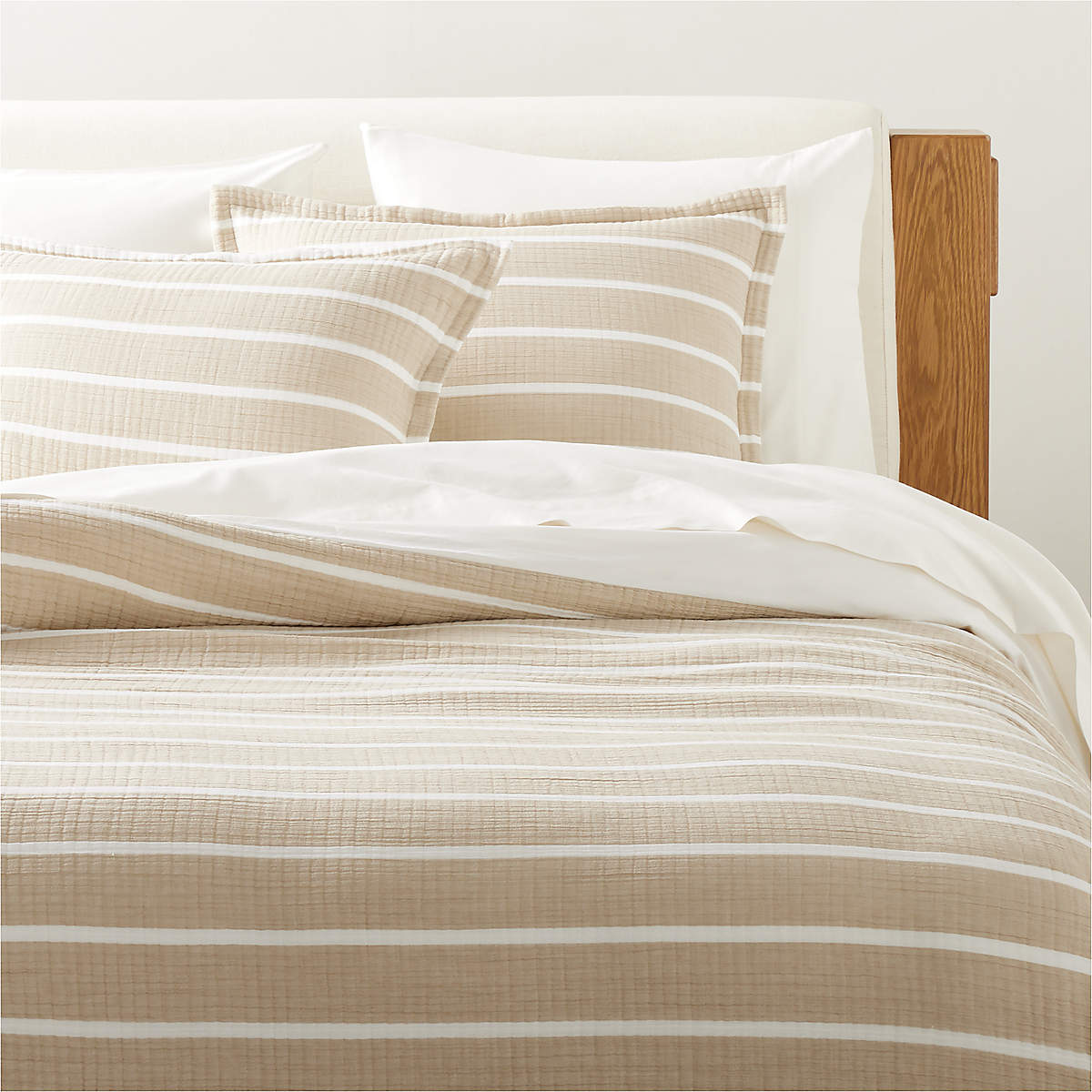 Selene Organic Cotton Gauze Sand Stripe Full Queen Duvet Cover CB2