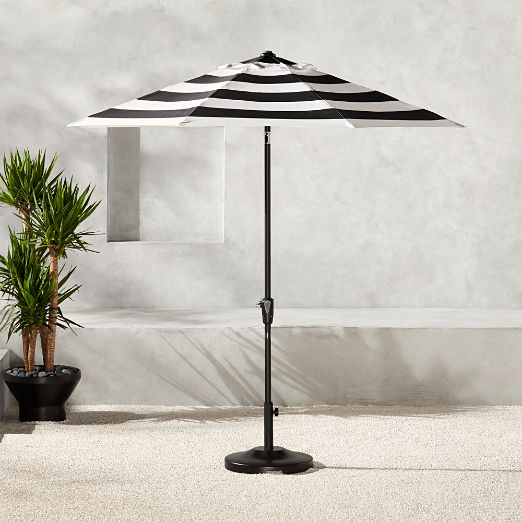 Shadow Round Black and White Stripe Umbrella with Base