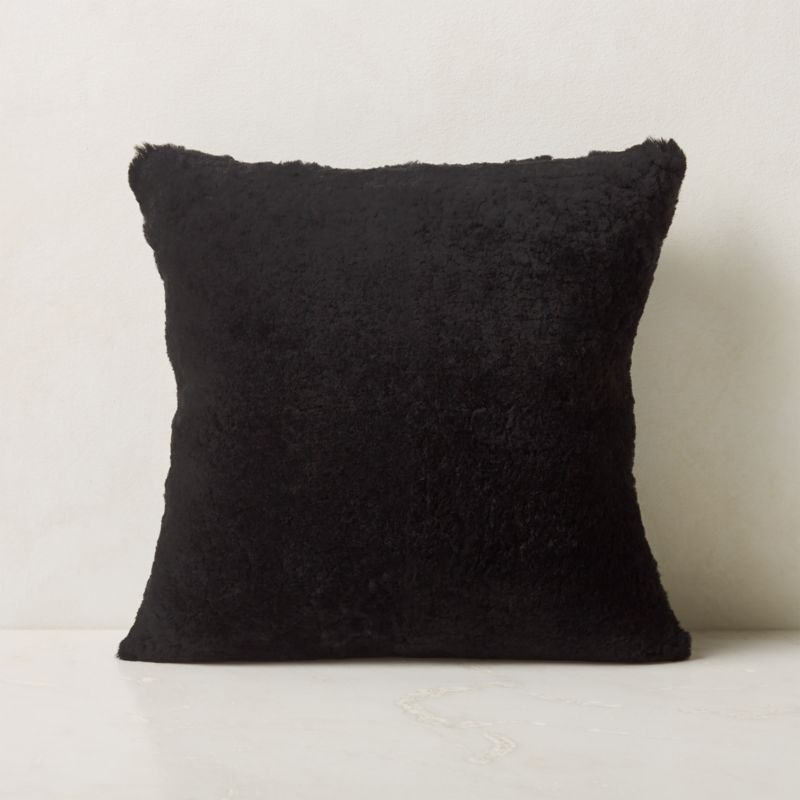View Shorn Black Sheepskin Fur Throw Pillow with Feather-Down Insert 18'' details