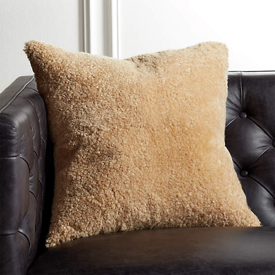 Shorn Camel Brown Sheepskin Fur Throw Pillow with Feather-Down Insert 18"x18"